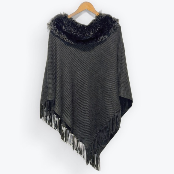 Black Fringe Scarf Wrap Poncho - Picture 1 of 4